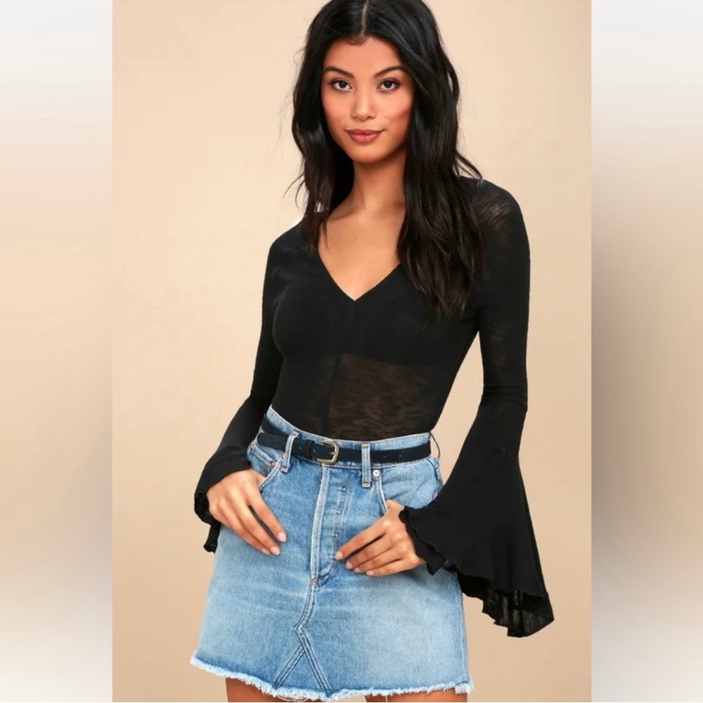Free People Black Flare Sleeve Blouse